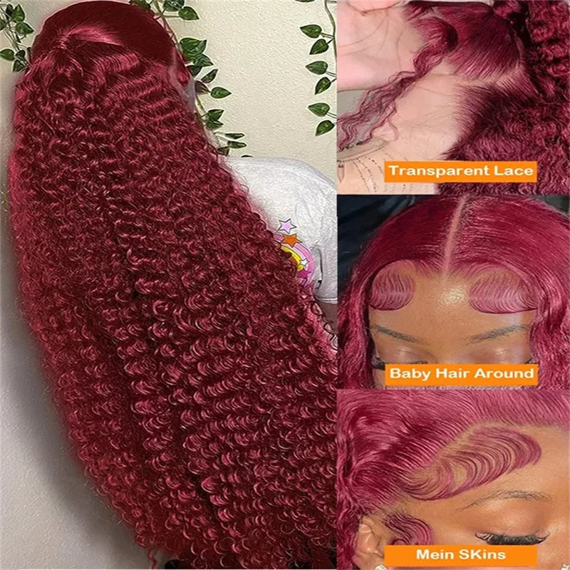 Burgundy Hd Lace Frontal Human Hair Curly Wigs