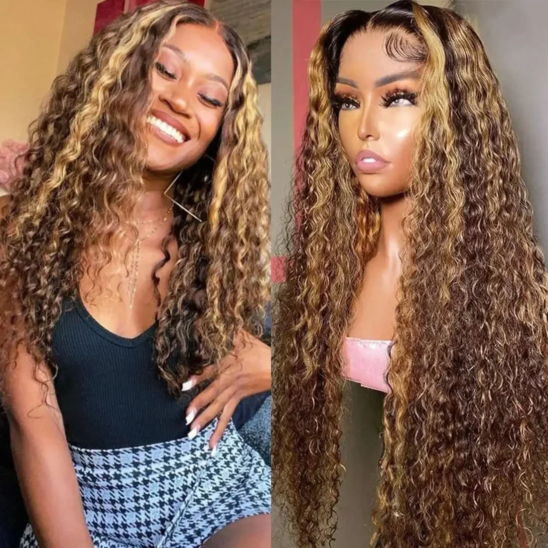 Highlight Human Hair Colored Curly Wigs